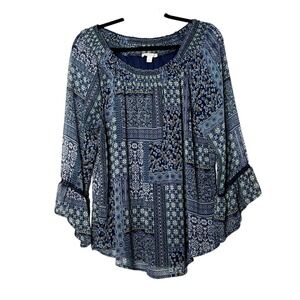 Westport 1962 Blue Patchwork Boho Blouse Smocked Neck Bell Sleeve XL